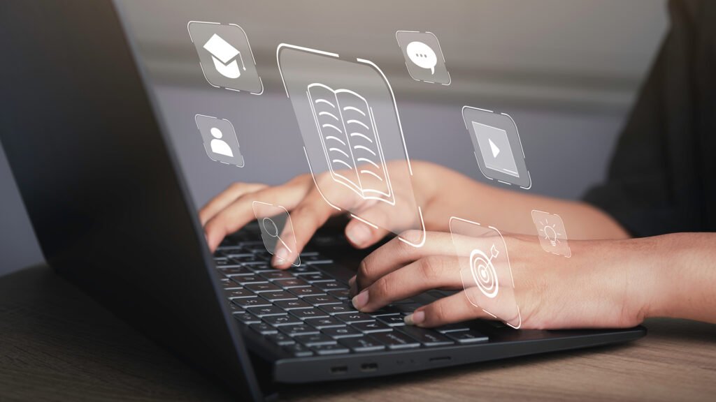 Employees attending a training session or online course